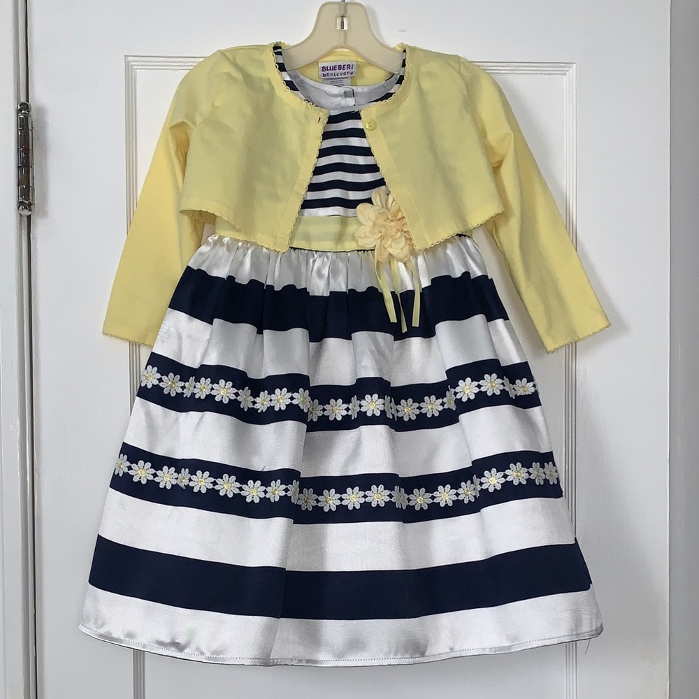 Blueberi Boulevard Daisy Dress and Shrug Set 6 Navy & Yellow